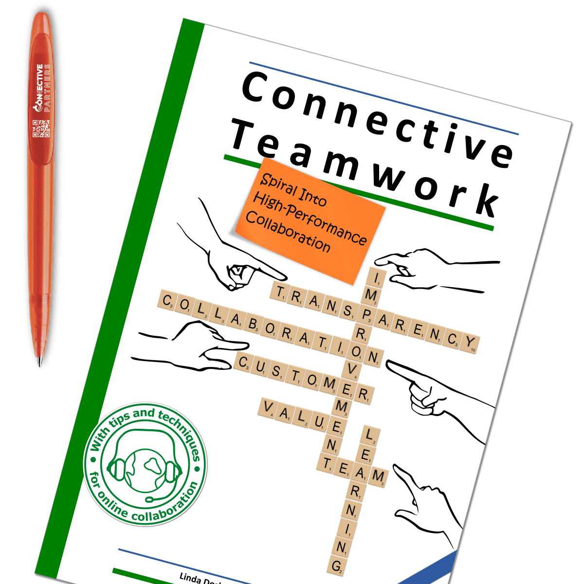 Book on teamwork and collaboration with pen and hand graphics.
